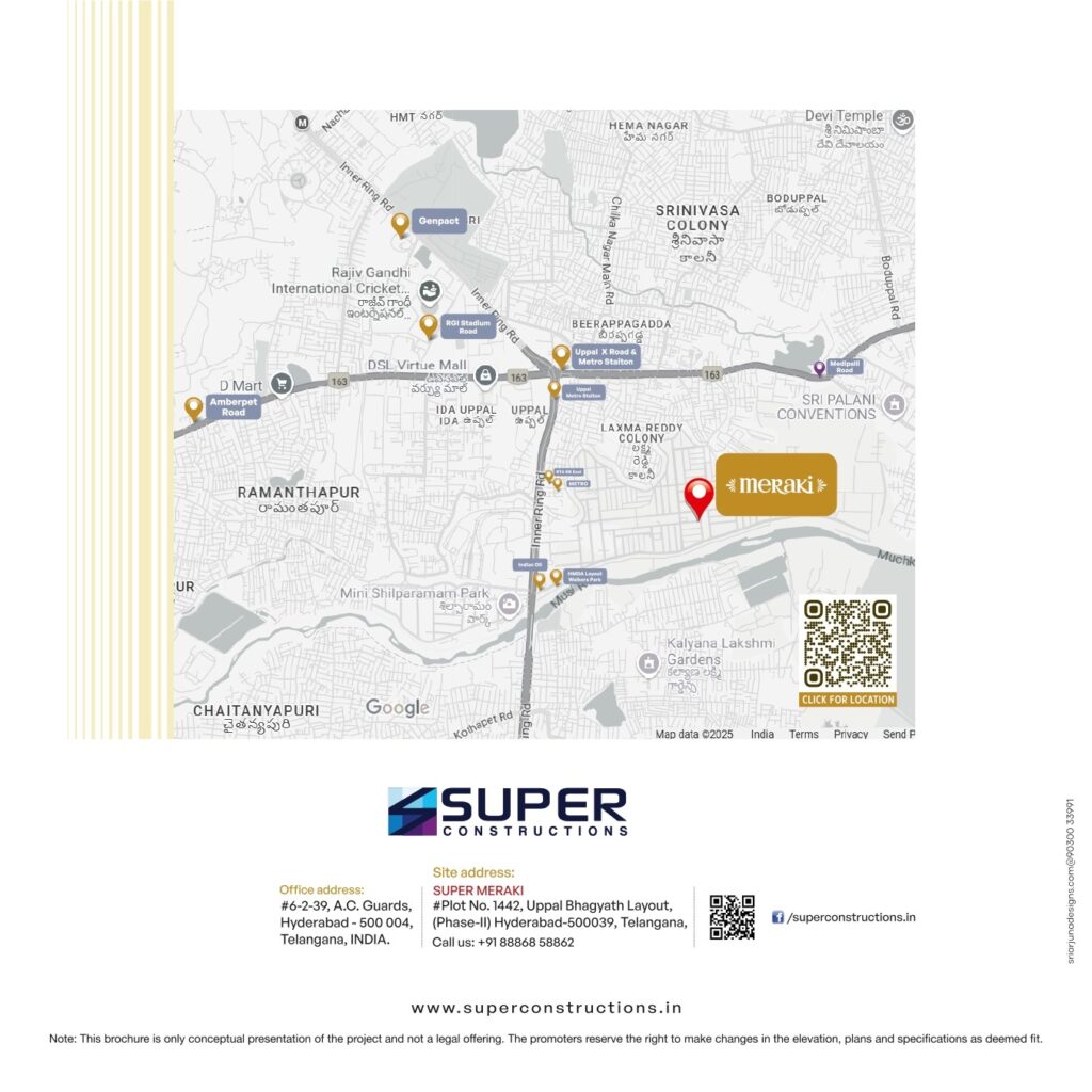 Location map of Super Meraki 3BHK flats in Uppal Hyderabad near metro connectivity